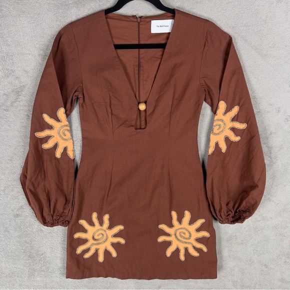 The Wolf Gang Sueno Long Sleeve Mini Dress Women's Small Cocoa Linen Blend The Wolf Gang Sueno Long Sleeve Mini Dress Women's Small Cocoa Linen Blend